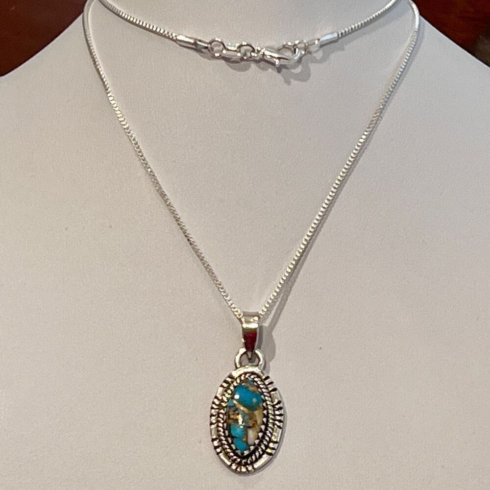 Genuine Blue Copper Turquoise Pendant Necklace Southwest Sterling Silver New